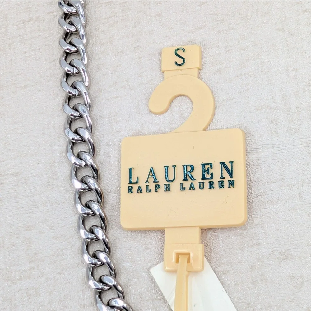 Lauren Ralph Lauren Black Leather Silver Chain Link Belt Small Charm Hook Clasp
